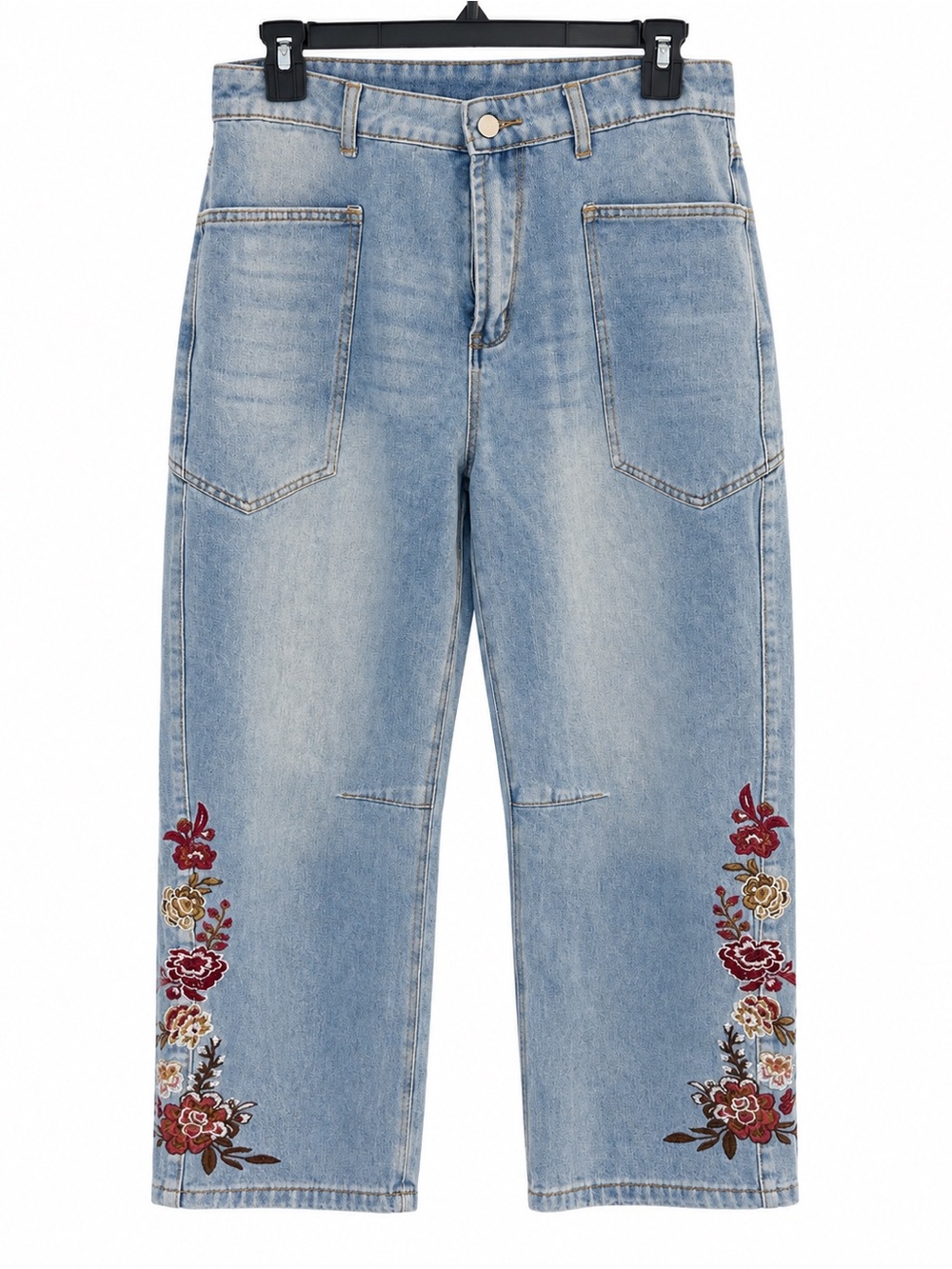 Women’s Light Wash Floral Embroidered Cropped Wide Leg Jeans Patch Pocket Denim